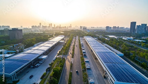 Solar panels on industrial rooftop complex.