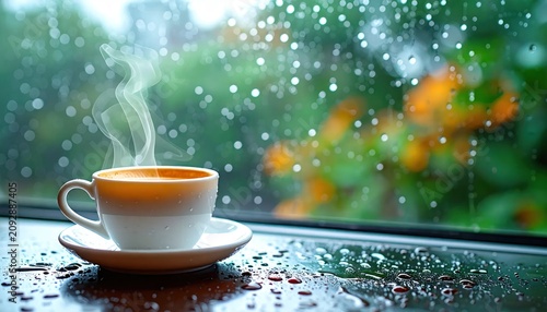 Steaming cup of coffee on rainy day.