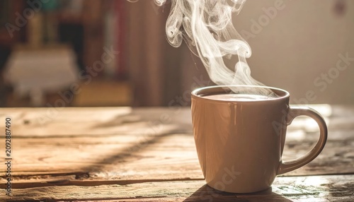 Steaming hot coffee cup on table.