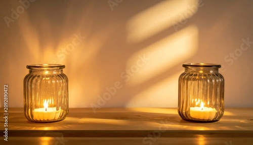 Two lit candles in glass jars.
