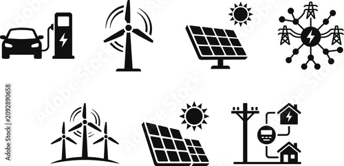 Fotografía Renewable energy source icons including electric vehicle charging wind turbines