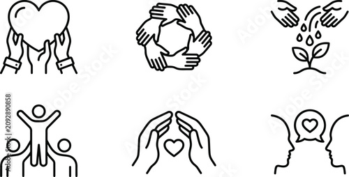 Quadro su tela Line art icons depicting hands holding support care and nurturing on a white bac