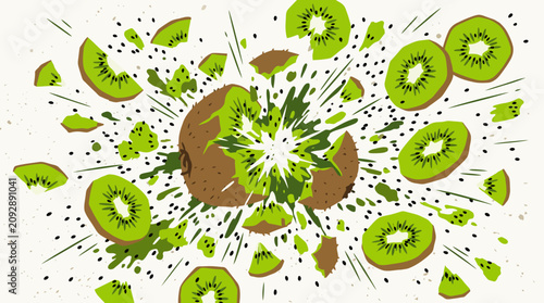 Canvastavla Fresh kiwi fruit explosion with slices.