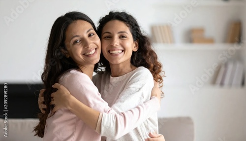 Two young women hugging and smiling.