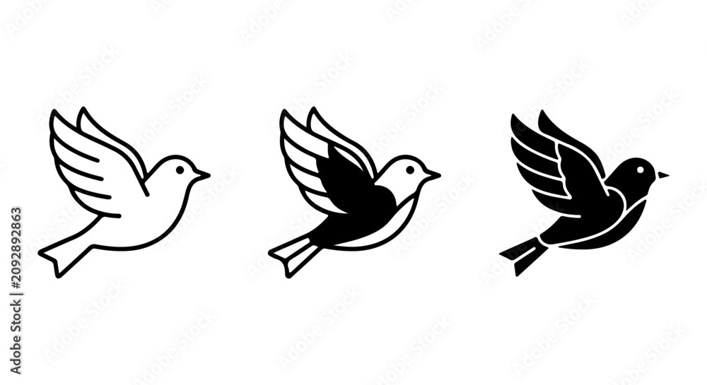Fototapeta premium Flying Dove Icons, Bird Silhouette Vector Set, Freedom Symbol Graphics, Simple Outline and Solid Styles
