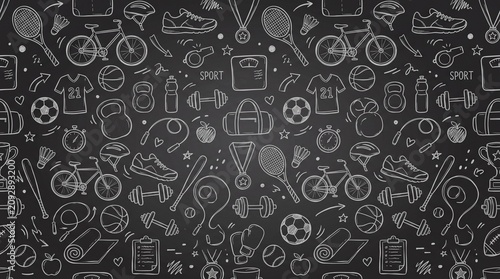 A charming minimalist seamless pattern featuring hand-drawn white chalk doodles of sports and fitness icons, such as bicycles, dumbbells, and tennis rackets, over a dark charcoal chalkboard texture.