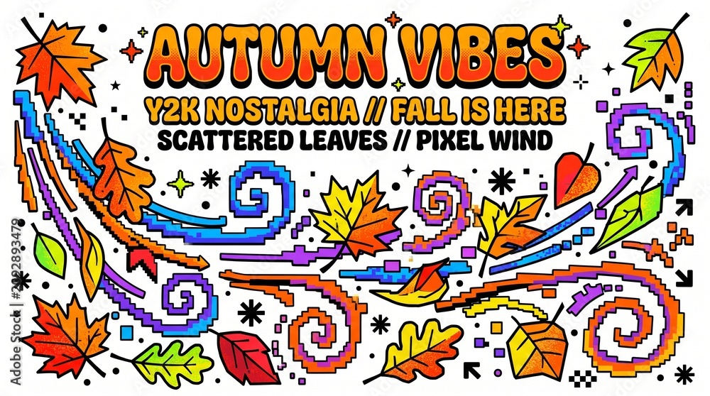 Obraz premium Autumn vibes, colorful leaves, swirly patterns, pixel art, fall elements