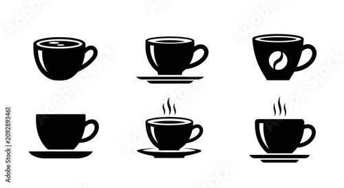 Minimalist black and white illustration of a coffee cup and saucer, abstract, modern, clean design