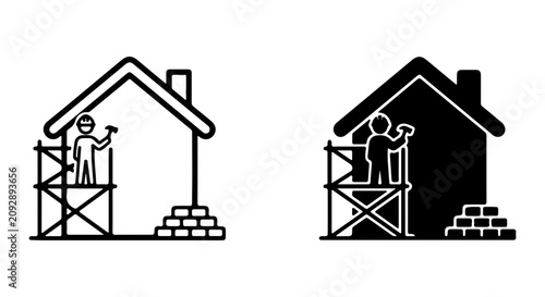 Tableau sur toile Construction Icons: House Building, Worker on Scaffolding, Bricklaying