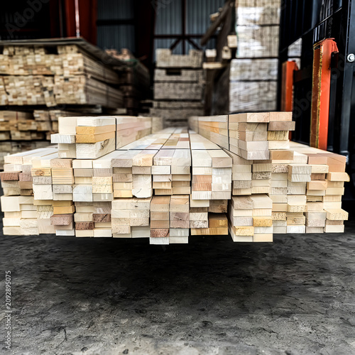 Rubberwood planks stacked on forklift forks inside an industrial warehouse. Premium timber for furniture, woodworking, construction, manufacturing, logistics, storage and sustainable wood processing.