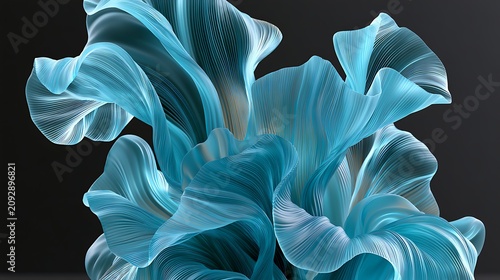 Abstract Textured Blue Fabric Sculpture with Ruffled Appearance on Black Background