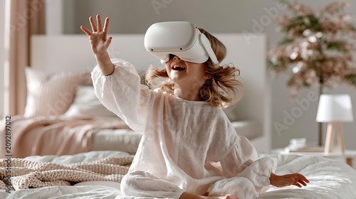 Child girl wearing virtual reality headset sitting on bed and playing in bedroom