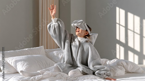 Child Girl Sitting on Bed Wearing Virtual Reality Glasses and Hoodie