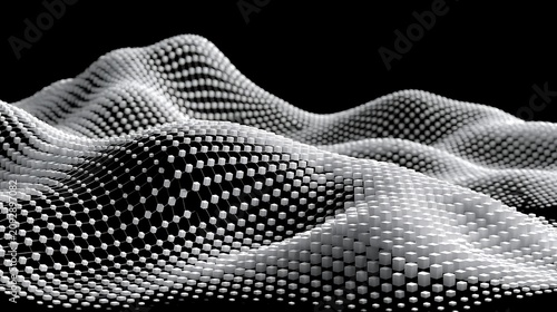 Abstract 3D Wave Pattern Made of Gray Dots and Mesh Representation