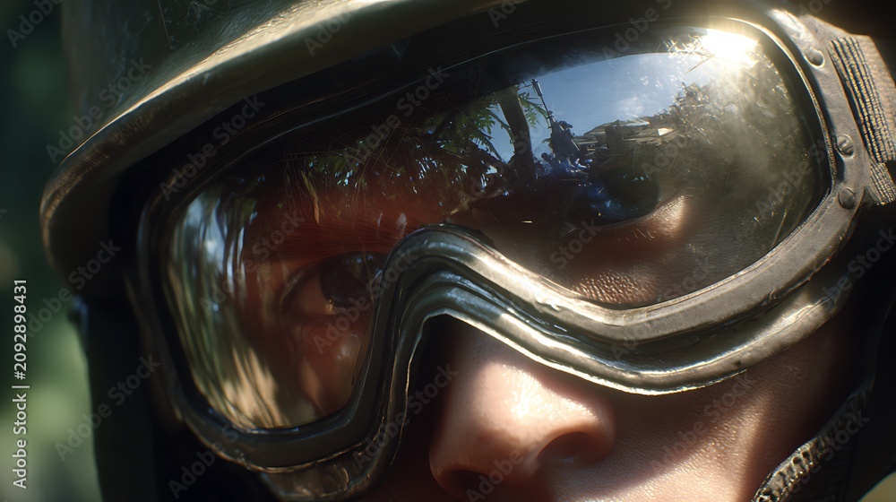 Fototapeta premium Close up of a soldier wearing tactical protective goggles.
