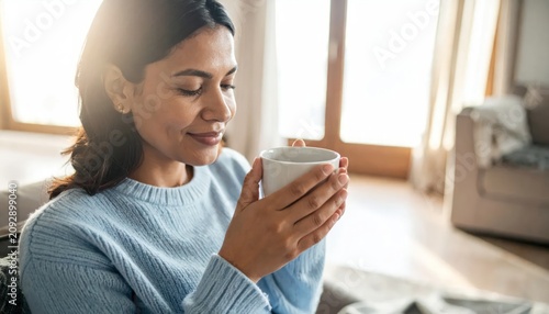 Woman enjoying a warm beverage indoors.