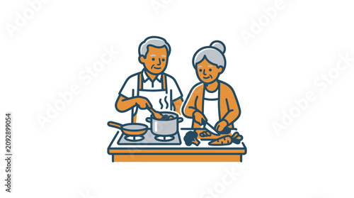 Fotografie Elderly couple cooking together in kitchen.