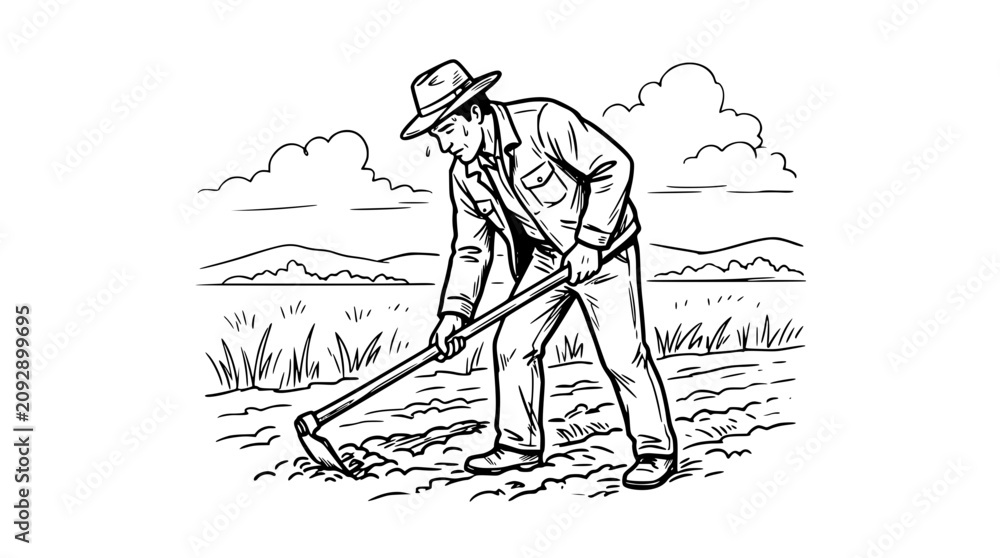 Fototapeta premium Man working in a field with a hoe in hand