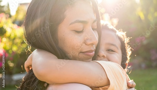 Woman Hugging Young Girl Outdoors.