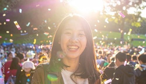 Woman smiling at outdoor festival celebration.