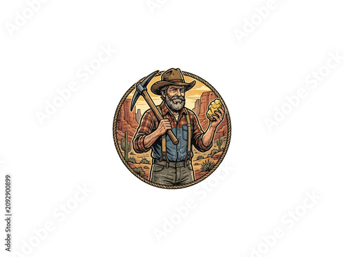 Bild auf Leinwand Bearded Prospector Holding Gold Nugget With Pickaxe Over Shoulder, Set In Wester