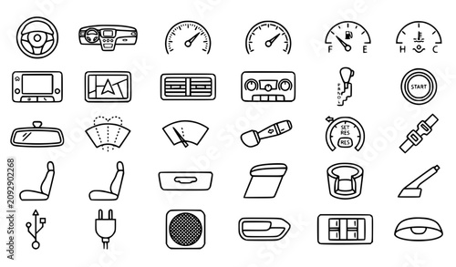 Bild auf Leinwand Set of car interior, dashboard, and vehicle control line art icons
