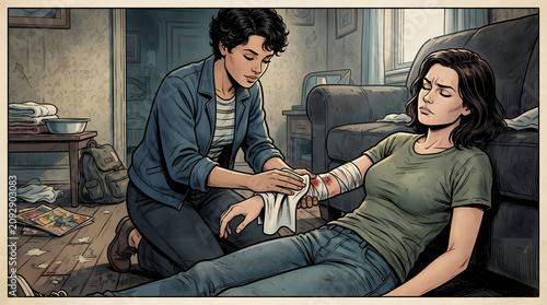 A Compassionate Woman Provides Emergency Medical Care to an Injured Friend in a Domestic Living Room Setting