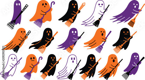 Fotografía Cute Halloween ghost character bundle featuring flying and sweeping little phant