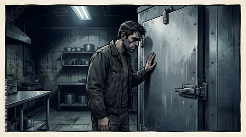 A man in a desolate industrial kitchen, leaning against a cold storage door, lost in deep contemplation; his pensive expression captures the quiet burden of his thoughts