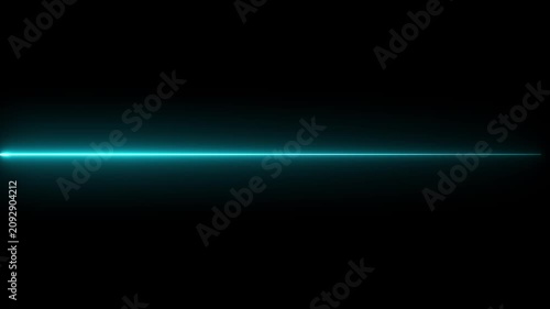 Bright blue glowing neon laser line shooting horizontally across a dark black background creating a futuristic light beam effect for modern technology motion graphics and digital art design projects