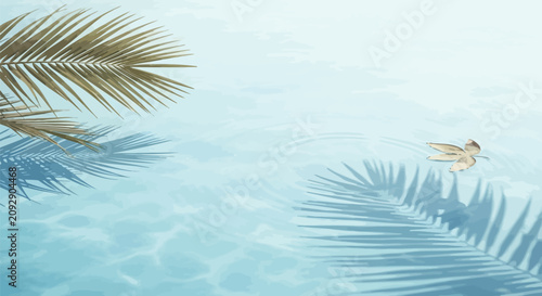 Fotografi Palm leaves, tropical water background, blue ocean waves, summer vacation scene
