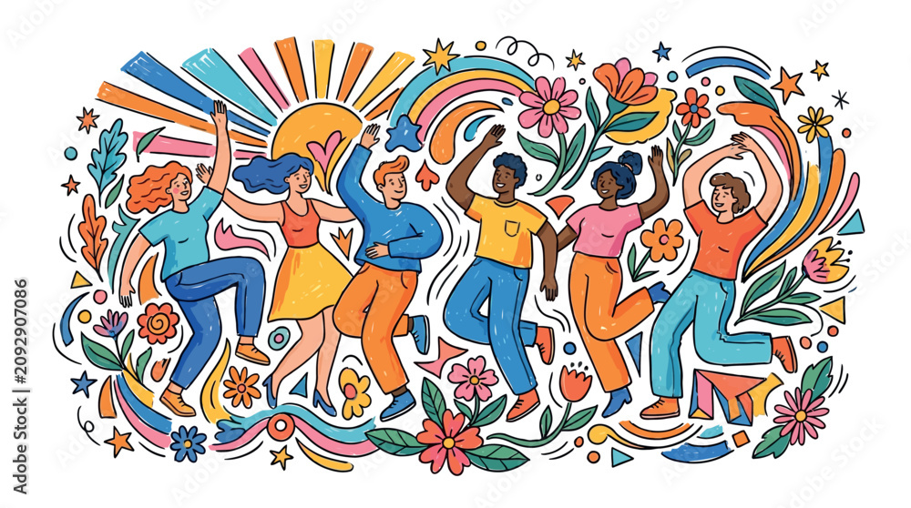 Obraz premium Cheerful Youth Day vector illustration capturing diverse young people dancing joyfully, surrounded by colorful abstract elements and vibrant energy
