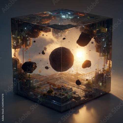 Isometric, photorealistic diorama of an orbital cube space habitat, with drifting asteroids and a miniature world, bathed in warm sunlight streaming through translucent hulls; hyper-detailed textures