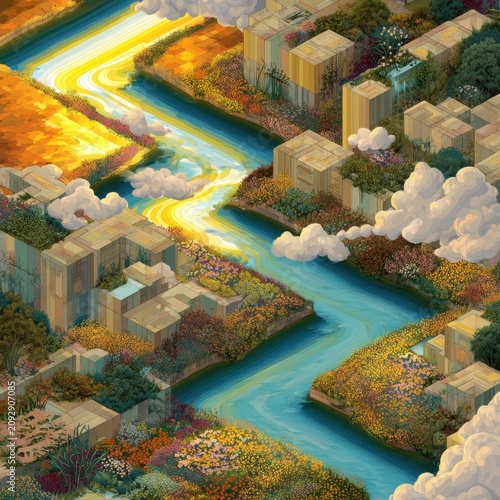 Isometric dreamscape with a winding river weaving through modular cube‑like landscapes, late‑day golden light curling over the water, wildflowers lining terraced banks, and surreal sun‑dappled hues t