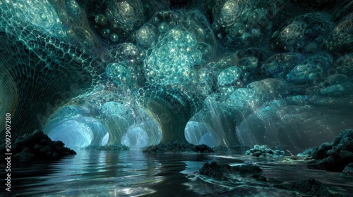 Bioluminescent Oceanic Cavern with Bubble Ripple Surface and Crystalline Arches