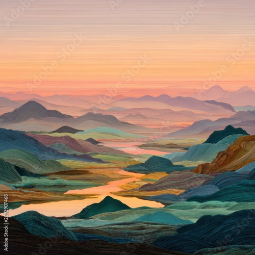 Surreal dreamscape of vast landscapes woven into a living tapestry, where rolling hills fold like fabric and rivers become threads of light, all bathed in warm peach, pink, and gold during a tranquil