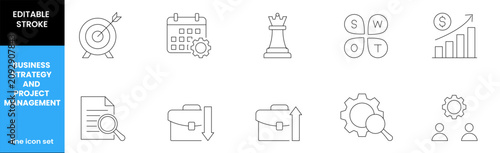 Business Strategy and Project Management Editable Stroke Line Icons Set