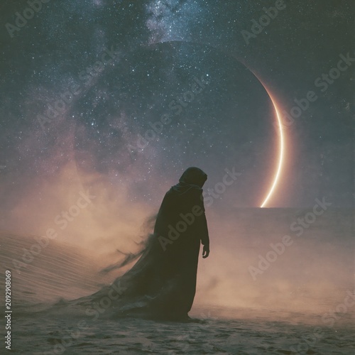 A dreamlike, cinematic surreality featuring a solitary cloaked figure standing on a sand dune amid ethereal fog, beneath a star-filled night sky with a luminous crescent-like celestial arc curling ac