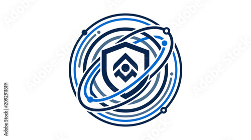 Canvastavla Shield icon surrounded by orbital rings and digital dots.