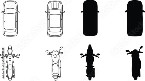 Top View Car and Motorcycle Silhouette Vector Set with Outline Vehicle Icons