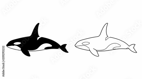 Orca Whale Silhouette and Line Art Icon Set