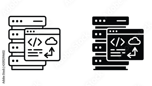 Cloud computing and web server data storage icon set with computing, programming