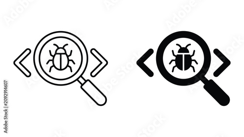 Software bug debugging code error magnifying glass icon with debugging, software