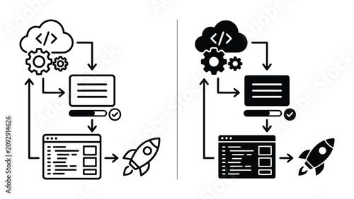 Software development dev ops lifecycle rocket launch icon set with software