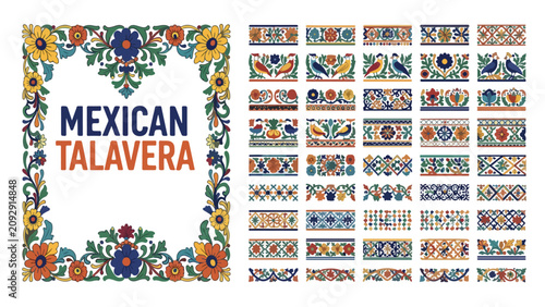 Mexican Talavera tile patterns and floral frame. Traditional folk art borders with birds and flowers. 32 colorful ethnic vector ornaments.
