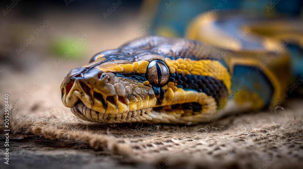 Obraz premium Close-up portrait of a colorful python snake resting on textured burlap fabric with wildlife