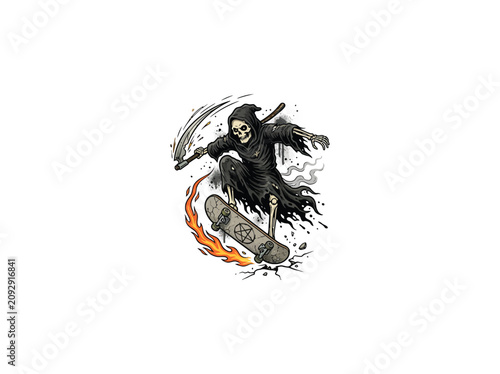 Fotografie Dynamic Dark Hooded Skeletal Grim Reaper Performing A Mid Air Kickflip On A Crac