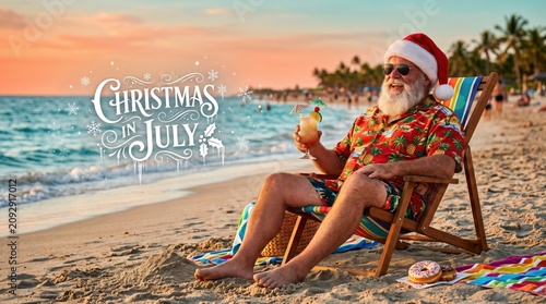 Santa claus wearing a red tropical shirt and santa hat sitting in a wooden beach chair holding a cocktail on a sandy beach at sunset with christmas in july text overlay