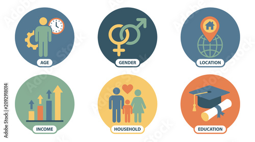 A graphic illustration shows six colorful icons representing age, gender, location, income, household, and education.
