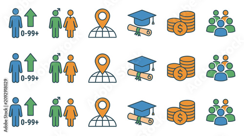 Education icons depict people graduating and earning money globally